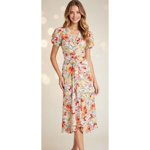 Cinq à Sept Walker Floral Midi Dress Size 6 Puff Sleeve Ruched Ivory Multi